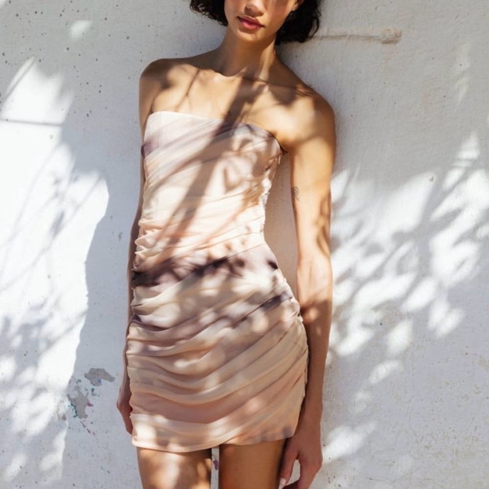 NWT Zara Ruched Mini Dress in Cream and Brown - Picture 4 of 7